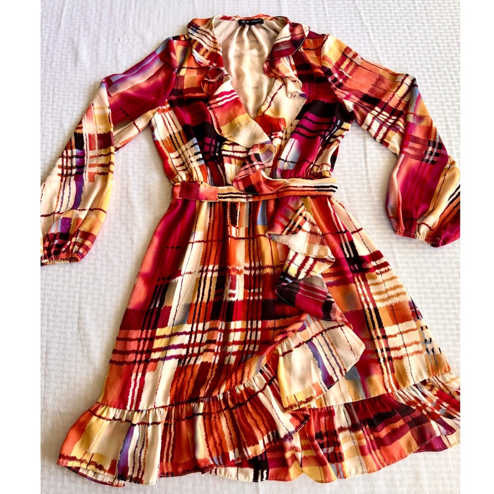 INC International Concepts Plaid Ruffle Mini Dress Orange Magenta Size 4
